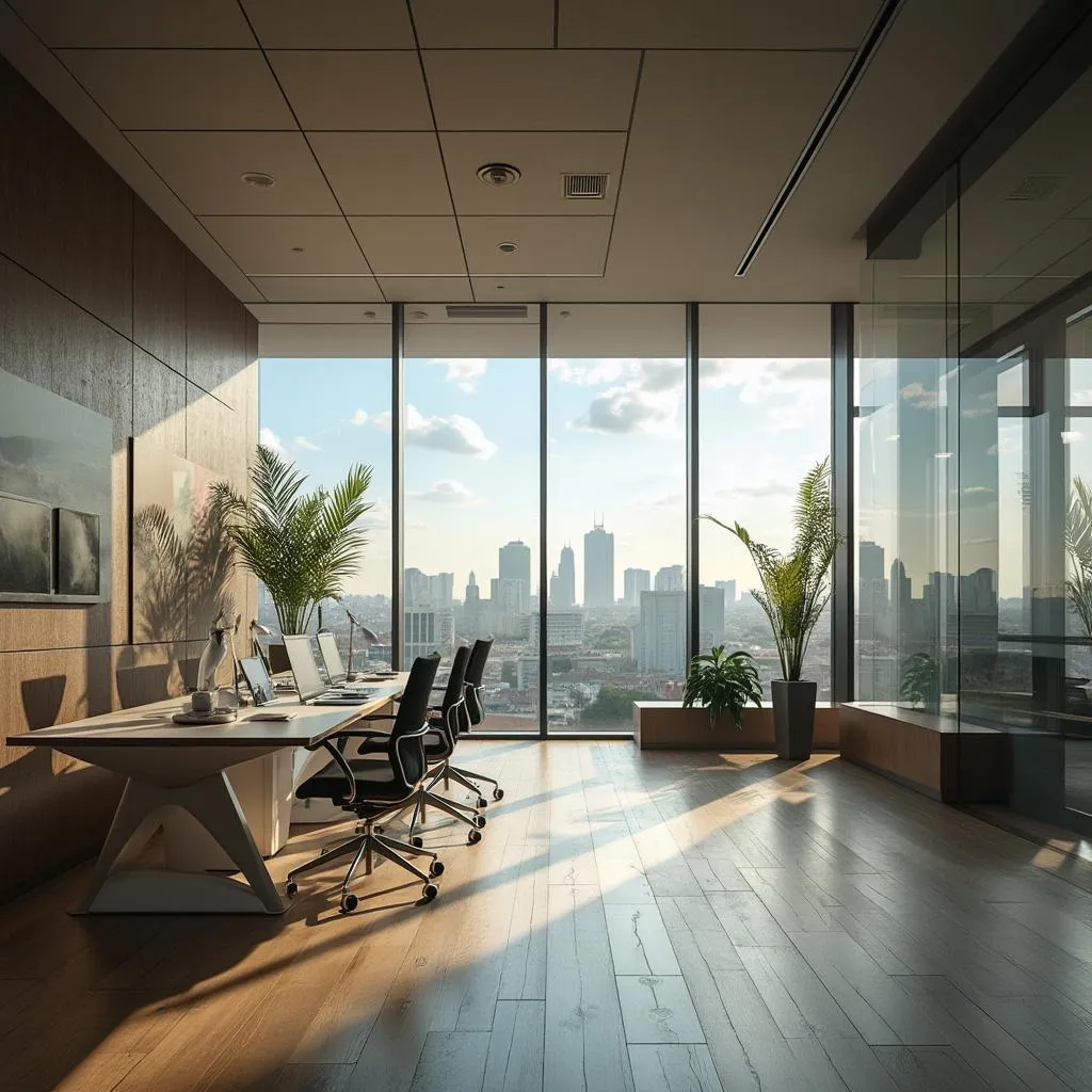 Oficina moderna y luminosa de FinanzasArg con vista panorámica de Buenos Aires